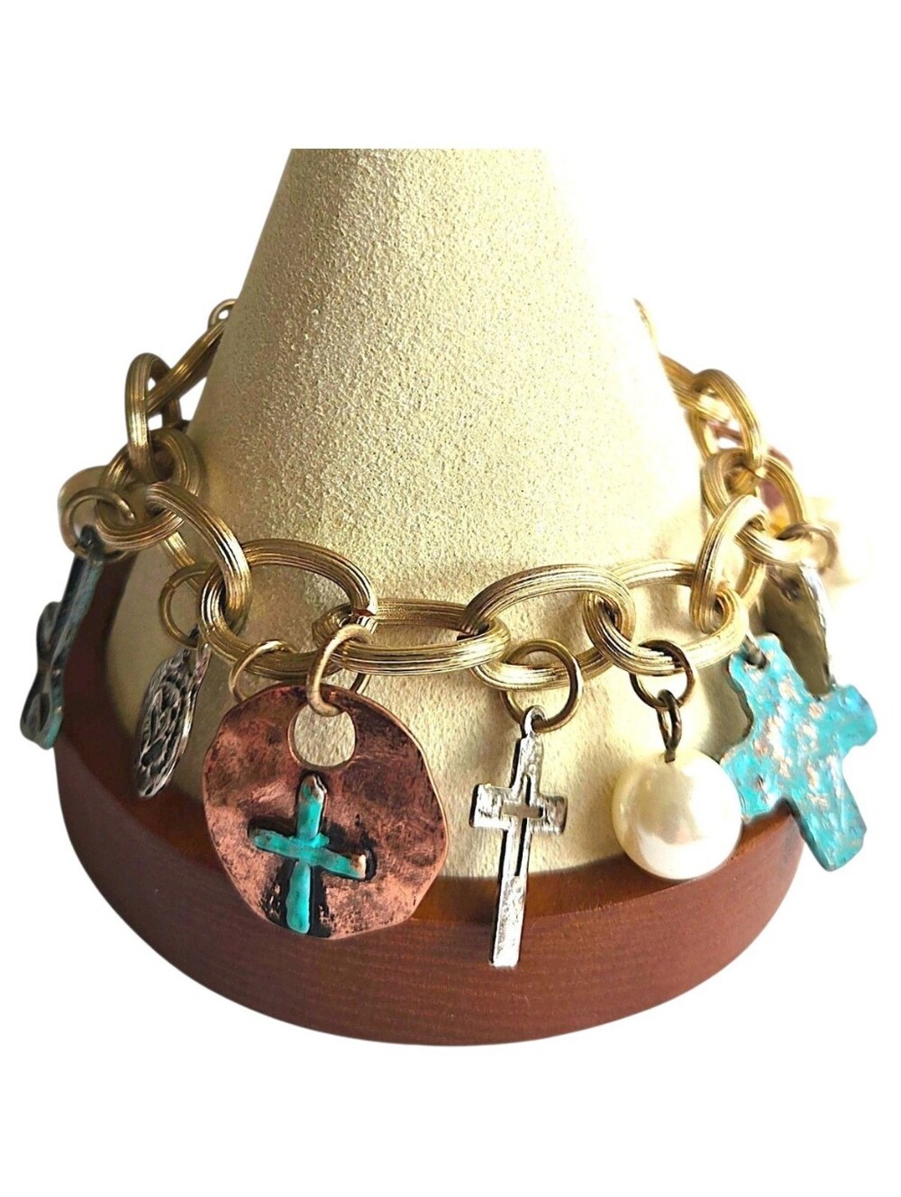 Chunky Rustic Fleur de Lis Cross Charm Bracelet Faux Pearl Turquoise Size 7.25